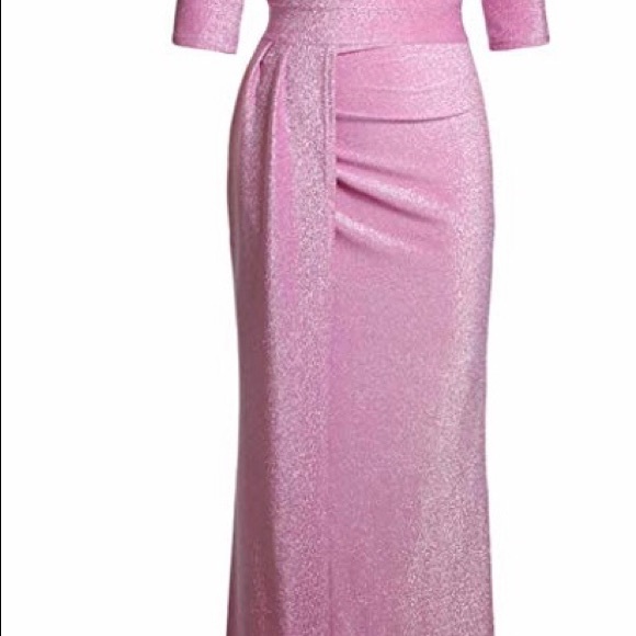 Off Shoulder Metallic Knit High Slit Evening Dress - Picture 3 of 8